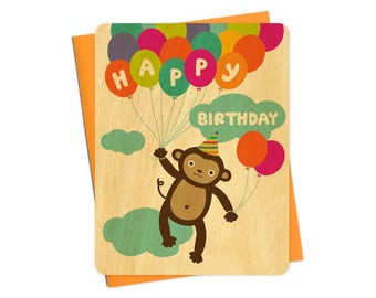 monkey birthday - real wood card - happy birthday card - birch wood - WC1277