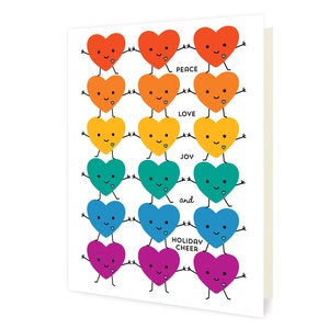 May include: A white greeting card with rows of colourful heart characters. Each heart has arms and legs, and the words "PEACE", "LOVE", "JOY", "and", and "HOLIDAY CHEER" are printed on the card.