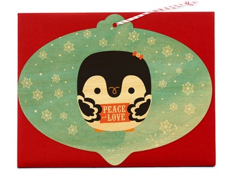 Penguin Bulb Real Wood Holiday Card Ornament - Real Birch Wood Christmas Card - Peace and Love - WC2206