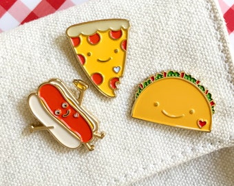 Food Lover Enamel Pin Gift Set - Set of 3 Lapel Pins - Hot Dog Pin - Taco Pin - Pizza Pin - Foodie Gift Exchange - Funny Food Gift  - GS032