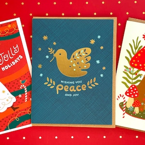 Gold Dove Holiday Cards, Box of 8 – Beautiful Foil Stamped Christmas Cards – Wishing You Peace & Joy – Shiny Gold Dove on Blue – Folded