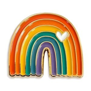 May include: A colorful rainbow pin with a gold border and a white heart. The rainbow features bands of red, orange, yellow, green, blue, and purple. The pin is a vibrant accessory.