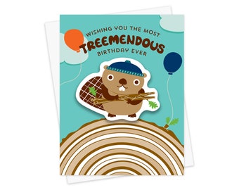 Treemendous Sticker Birthday Card - Includes Vinyl Beaver Sticker - Beaver Birthday Card - Kawaii Beaver - Birthday Sticker Card - OC1589