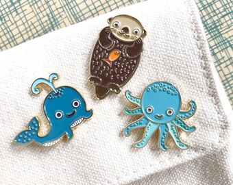 Sea Critters Enamel Pin Gift Set - Set of Three Lapel Pins - Whale Pin - Otter Pin - Octopus Pin - Tween Gift - Stocking Stuffer - GS038