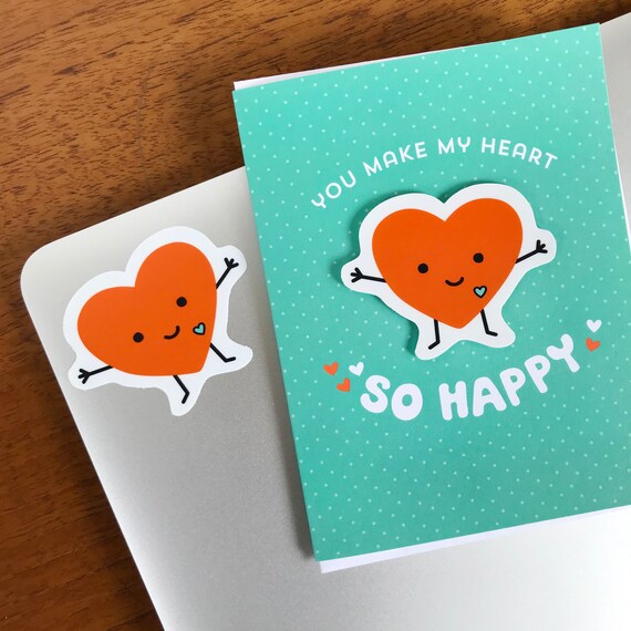 Happy Heart Love Card with Removeable Vinyl Sticker for Anniversary, Valentine