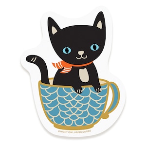 Black Cat in Cup Sticker Vinyl Sticker Waterproof Dishwasher-Safe Laptop Sticker Cat Decal Cat Lover Kitten OCSTICK4040 image 1