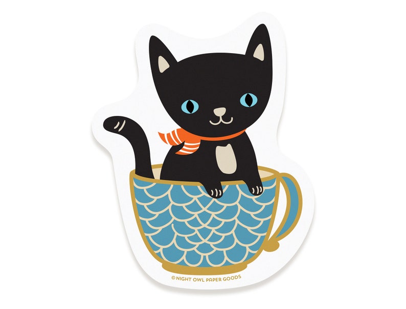 Black Cat in Cup Sticker Vinyl Sticker Waterproof Dishwasher-Safe Laptop Sticker Cat Decal Cat Lover Kitten OCSTICK4040 image 1