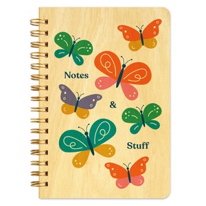 Butterfly Pocket-Size Spiral Notebook – Flexible Birch Wood Covers, Cute Colorful Butterflies – Great Gift for Woman, Girl, Stocking Stuffer