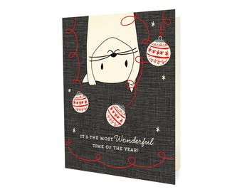 Playful Kitty Holiday Cards, Box of 10 - Upside Down Cat & Ornaments Folded Christmas Cards - Premium Paper, Vibrant Printing OC1162-BX