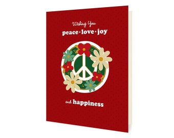 Blooming Peace Holiday Cards Red, Box of 10 - Christmas Cards - Boxed Folded Cards - Peace Love Joy Happiness - Floral Peace OC2441-RED