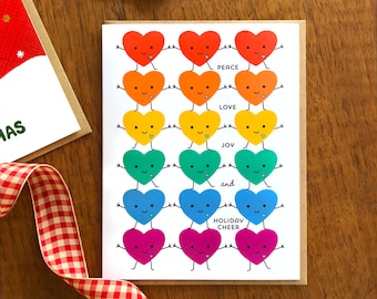 United Hearts Folded Holiday Cards, Box of 10 - Peace Love Joy Cheer - Rainbow Hearts - Premium Paper & Rich, Vibrant Printing OC2421-BX