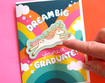 Unicorn Sticker Graduation Card - Includes Unicorn Vinyl Sticker - Unicorn Graduation Card - Graduation Sticker Card - Grad Card - OC2708