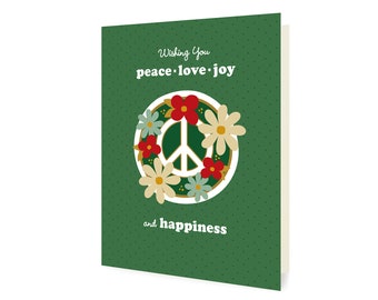 Blooming Peace Holiday Cards Green, Box of 10 - Christmas Cards - Boxed Folded Cards - Peace Love Joy Happiness - Floral Peace OC2441-GRE