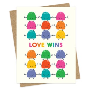 L'amour gagne, carte de célébration mignonne, colorée et joyeuse, félicitations, mariage, adoption, Saint-Valentin, fierté, LGBTQIA + OC988