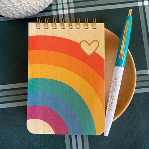 Rainbow Heart Mini Notepad & Magic Wand Pen Gift Set – Birch Wood Cover Notebook