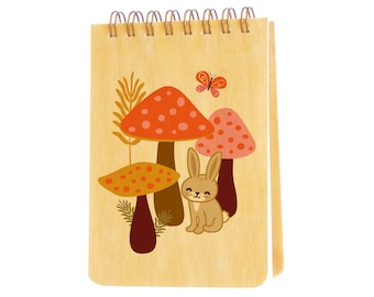 Rabbit Mini Notepad with Real Wood Covers - Rabbit Notepad - Bunny Jotter - Mushrooms - Woodland - Easter Gift - Easter Basket Gift  - J1956