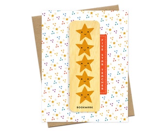 5 Star Teacher Thank You Card - Includes Real Wood Bookmark - Bookmark Card - Card for Teacher - Teacher Appreciation - Gold Star - OC2775