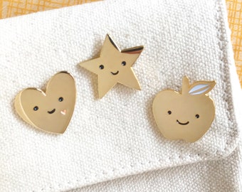 Kindness Enamel Pin Gift Set - Set of 3 Lapel Pins - Gold Star - Gold Apple - Gold Heart - Hero Gift - Student Award - Teacher Gift -GS039