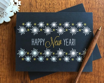 100 Personalized Black + Gold New Year Holiday Cards - Printed Return Address on Envelopes - Your Text Inside Card - Happy New Year 6403-A2