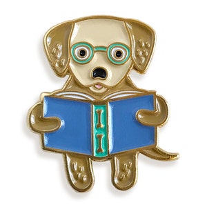 Reading Retriever Pin - Cute Golden Retriever with Glasses & Book Enamel Lapel Pin - Bookish Gift for Dog Lover, Reader, Student, Teacher