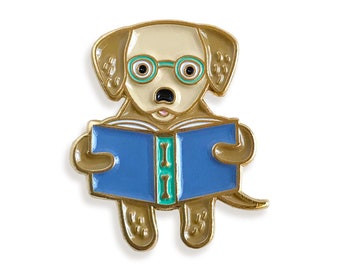 Reading Retriever Pin - Golden Retriever Lapel Pin - Golden Retriever Enamel Pin - Shiny Gold Metal - Reading Dog - Book Lover - EP3013