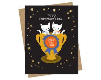 Cat Dad Father's Day Card - Foil-Stamped Card - White Kittens - #1 Cat Dad Trophy - Gold Foil Dad's Day Card - Black Card Gold Stars OC2784