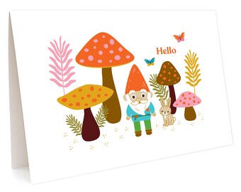 Hello Gnome Note Cards, Box of 6 - Spring - Summer - Woodland - Forest - Made in USA - Small Thank You Note - Blank Note Card - OC1098-BX