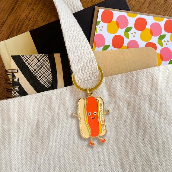 Hot Dog Enamel Keychain – Gold Metal Charm for Key, Bag, Purse
