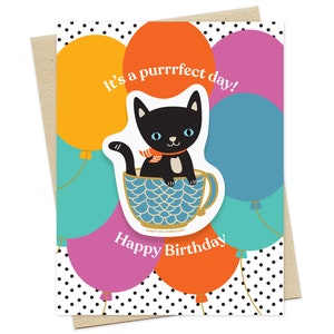 Purrrfect Day Black Cat Sticker Birthday Card Includes Vinyl Cat Sticker Cat Birthday Card Birthday Sticker Card for Cat Lover OC2782 image 1