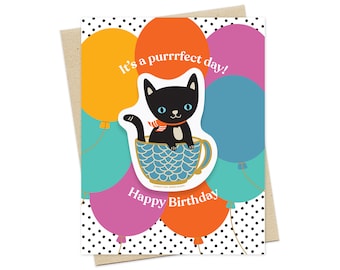 Purrrfect Day Black Cat Sticker Birthday Card -Includes Vinyl Cat Sticker - Cat Birthday Card - Birthday Sticker - Card for Cat Lover OC2782