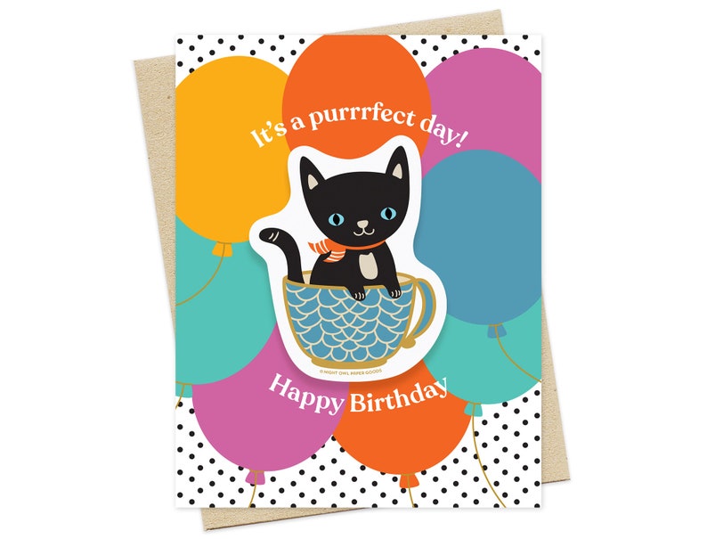 Purrrfect Day Black Cat Sticker Birthday Card Includes Vinyl Cat Sticker Cat Birthday Card Birthday Sticker Card for Cat Lover OC2782 image 1