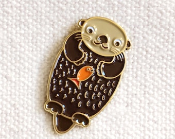 Otter Pin - Otter Enamel Pin - Otter Lapel Pin - Kawaii Otter Pin - Floating Otter with Fish - Shiny Gold Metal - Kawaii Flair Pin - EP2086