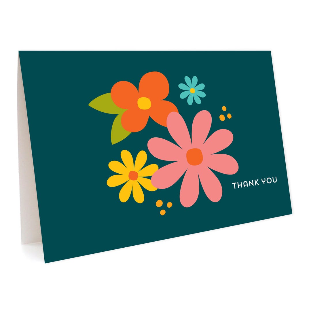 Colorful Floral Thank You Note Cards - Navy Blue, Box of 6 - Etsy