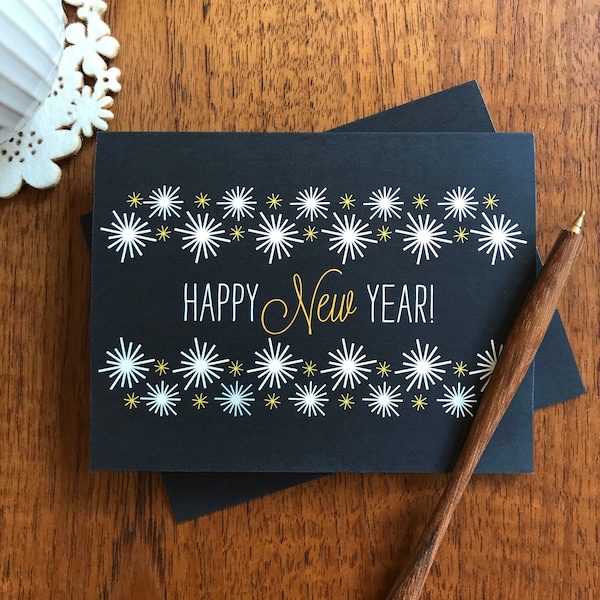Golden New Year Holiday Cards Box of 8 - Black Happy New Years, Made in USA