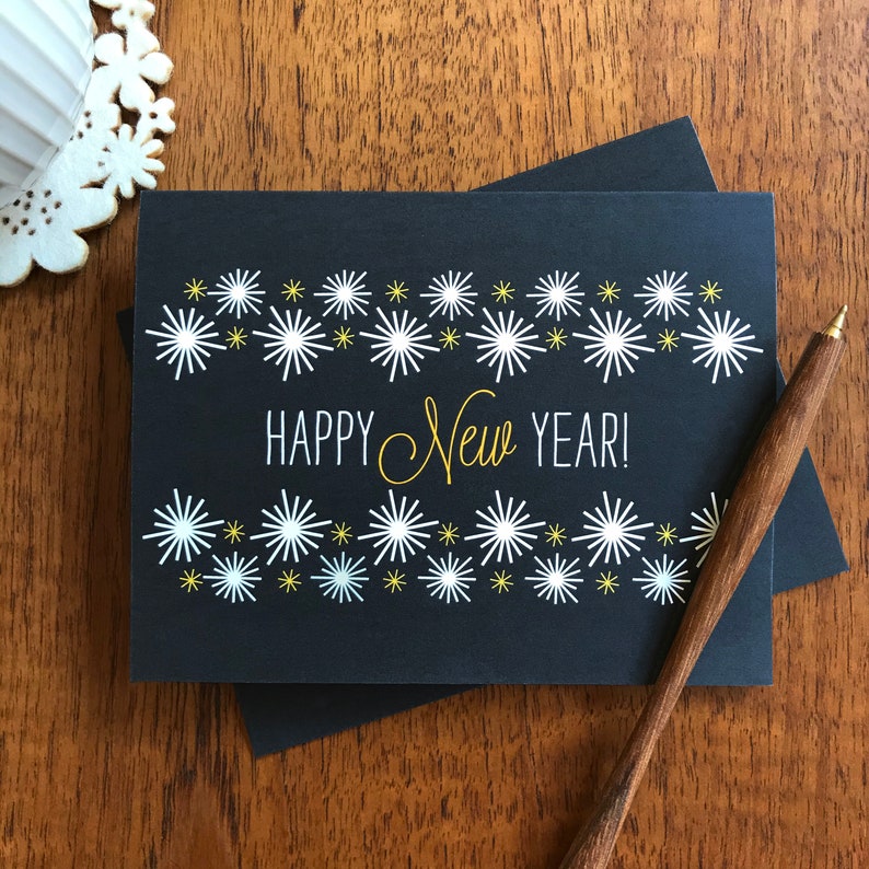 Golden New Year Folded Holiday Cards, Box of 10 Happy New Year Black New Year Cards Matte Black Christmas Cards Made in USA OC1147-BX image 1