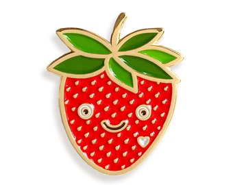 Happy Strawberry Pin - Strawberry Enamel Pin - Berry Lapel Pin - Kawaii Strawberry - Gold Enamel Pin - EP3024