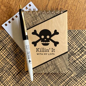 Skull Mini Notepad & I Love Making Lists Pen Gift Set - Birch Wood Cover Notebook