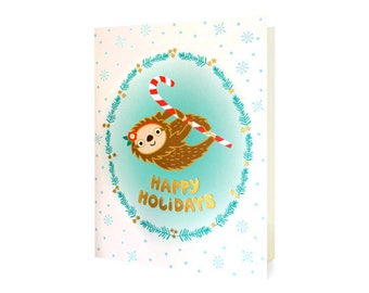 Sloth Gold Foil Christmas Cards, Box of 8 - Foil Stamped Holiday Cards - Happy Holidays - OC1188-BX