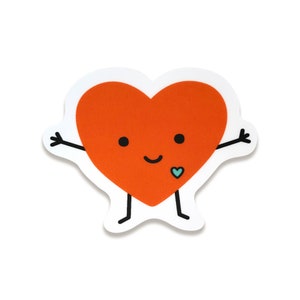 May include: A red heart-shaped character with a smiling face and small arms and legs. The heart has a small blue heart on its chest.