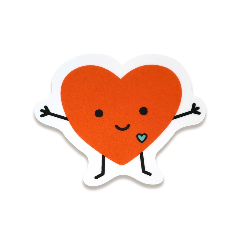 May include: A red heart-shaped character with a smiling face and small arms and legs. The heart has a small blue heart on its chest.