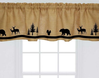 Forest Woods Lodge Cabin Camp Bear Squirrel Deer Burlap Window Valance Curtain - Your Choice of Colors Homemade Decor