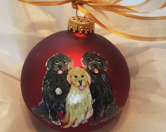 From Your Photo -Three (3) Dogs and/or Cats Custom Hand Painted Glass Christmas Ornament - Large 4" -  Personalized with Names