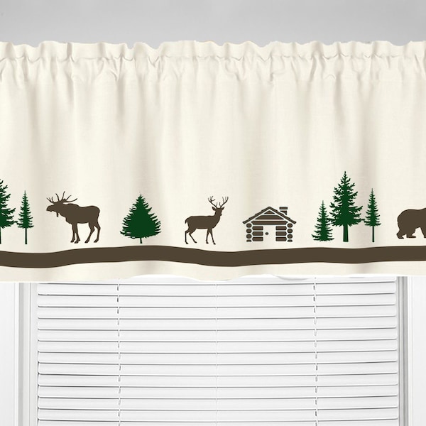 Log Cabin Forest Woods Moose Bear Deer Rustic Window Valance Kitchen Curtain in Your Choice of Colors Custom Homemade Decor
