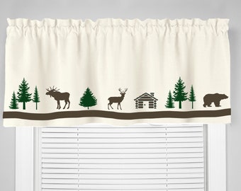 Log Cabin Forest Woods Moose Bear Deer Rustic Window Valance Kitchen Curtain in Your Choice of Colors Custom Homemade Decor