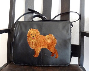 Pomeranian Dog Hand Painted Genuine Leather Messenger Bag / Handbag / Purse / Wearable Art - One of a Kind