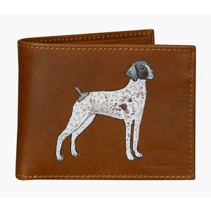 May include: A brown leather wallet featuring a painted illustration of a German Shorthaired Pointer dog. The dog is white with brown spots and a brown head. The wallet is closed and has a stitched border.