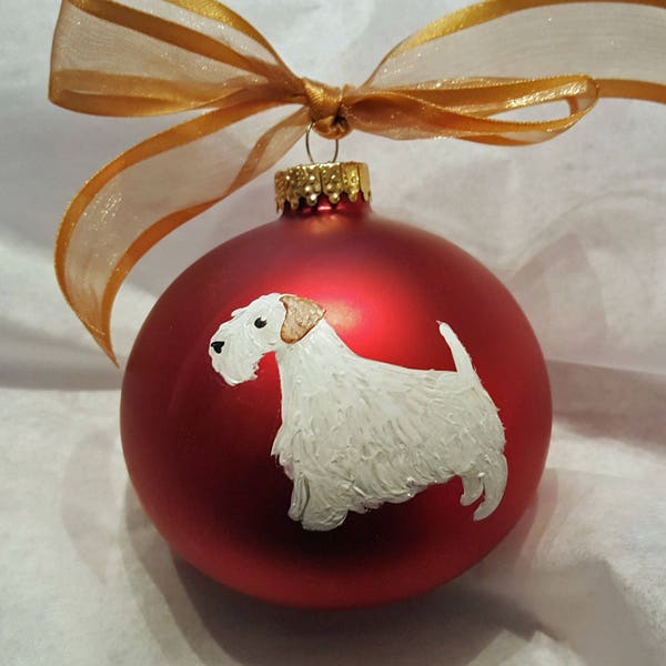 Sealyham Terrier Dog Hand Painted (NOT digital) Glass Ball Christmas Ornament - Can Be Personalized with Name