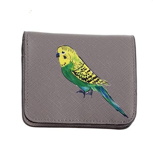 Cartera plegable pintada a mano con periquito y pájaro, Arte portátil, Única en su tipo, De los colores que elijas