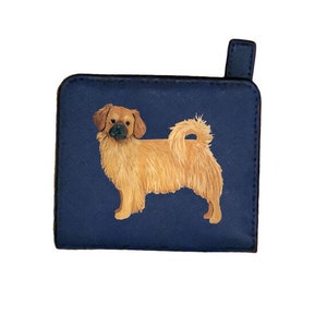 May include: A blue zippered wallet featuring an illustration of a brown and white dog. The dog is standing on all four legs with its tail curled up.