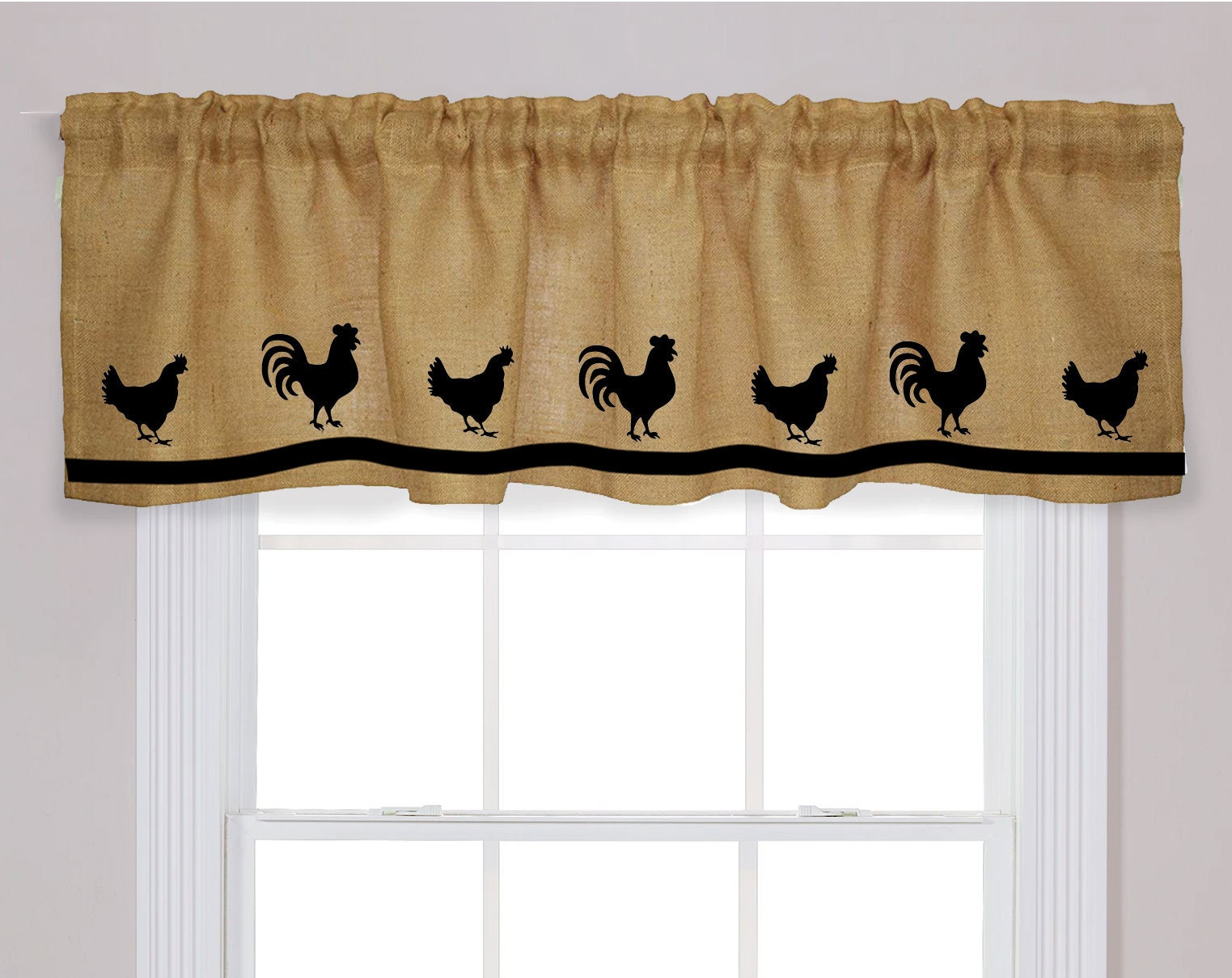 Valance Farmhouse Chickens Roosters Red Black Gray Natural Custom Made Window 